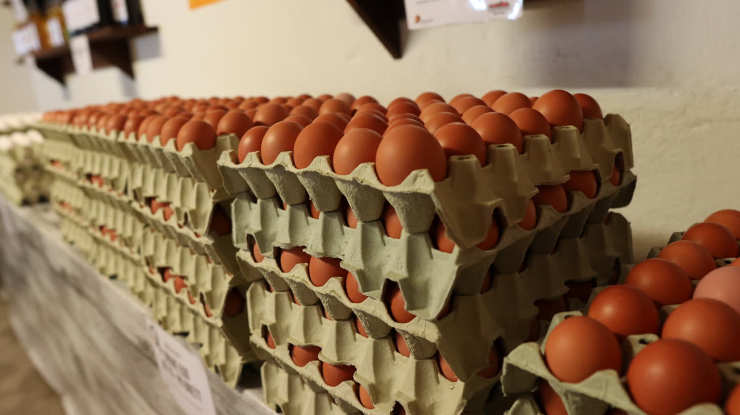 Stabler med eggbrett fulle av brune egg
